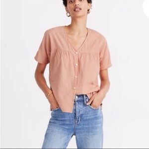 Madewell Rhyme Button Front Top in ClipDot Oversized Short Sleeve Peach